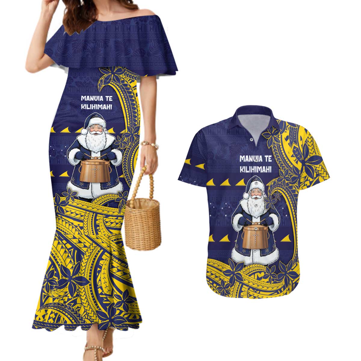 Tokelau Christmas Couples Matching Mermaid Dress and Hawaiian Shirt Santa With Tuluma Xmas Tribal Waves - Polynesian Pride