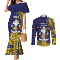 Tokelau Christmas Couples Matching Mermaid Dress and Long Sleeve Button Shirt Santa With Tuluma Xmas Tribal Waves DT05 Navy - Polynesian Pride