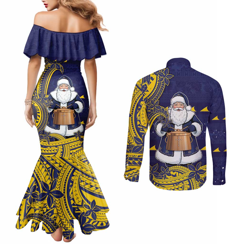 Tokelau Christmas Couples Matching Mermaid Dress and Long Sleeve Button Shirt Santa With Tuluma Xmas Tribal Waves DT05 - Polynesian Pride