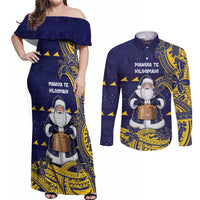 Tokelau Christmas Couples Matching Off Shoulder Maxi Dress and Long Sleeve Button Shirt Santa With Tuluma Xmas Tribal Waves DT05 Navy - Polynesian Pride