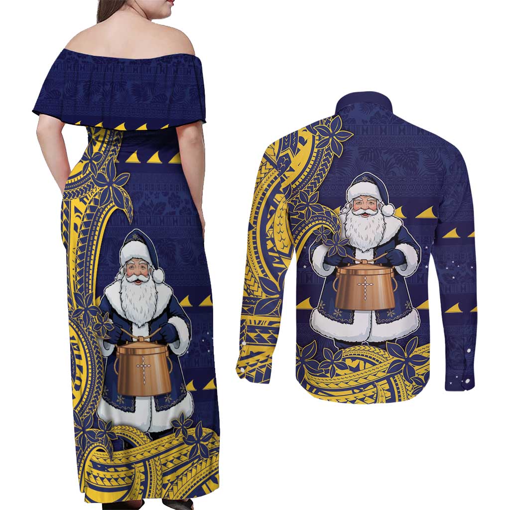Tokelau Christmas Couples Matching Off Shoulder Maxi Dress and Long Sleeve Button Shirt Santa With Tuluma Xmas Tribal Waves DT05 - Polynesian Pride