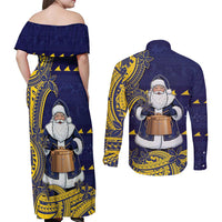 Tokelau Christmas Couples Matching Off Shoulder Maxi Dress and Long Sleeve Button Shirt Santa With Tuluma Xmas Tribal Waves DT05 - Polynesian Pride
