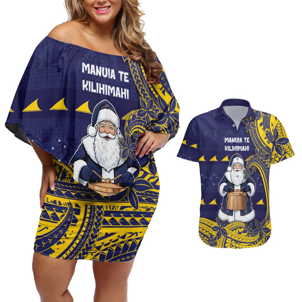 Tokelau Christmas Couples Matching Off Shoulder Short Dress and Hawaiian Shirt Santa With Tuluma Xmas Tribal Waves DT05 Navy - Polynesian Pride