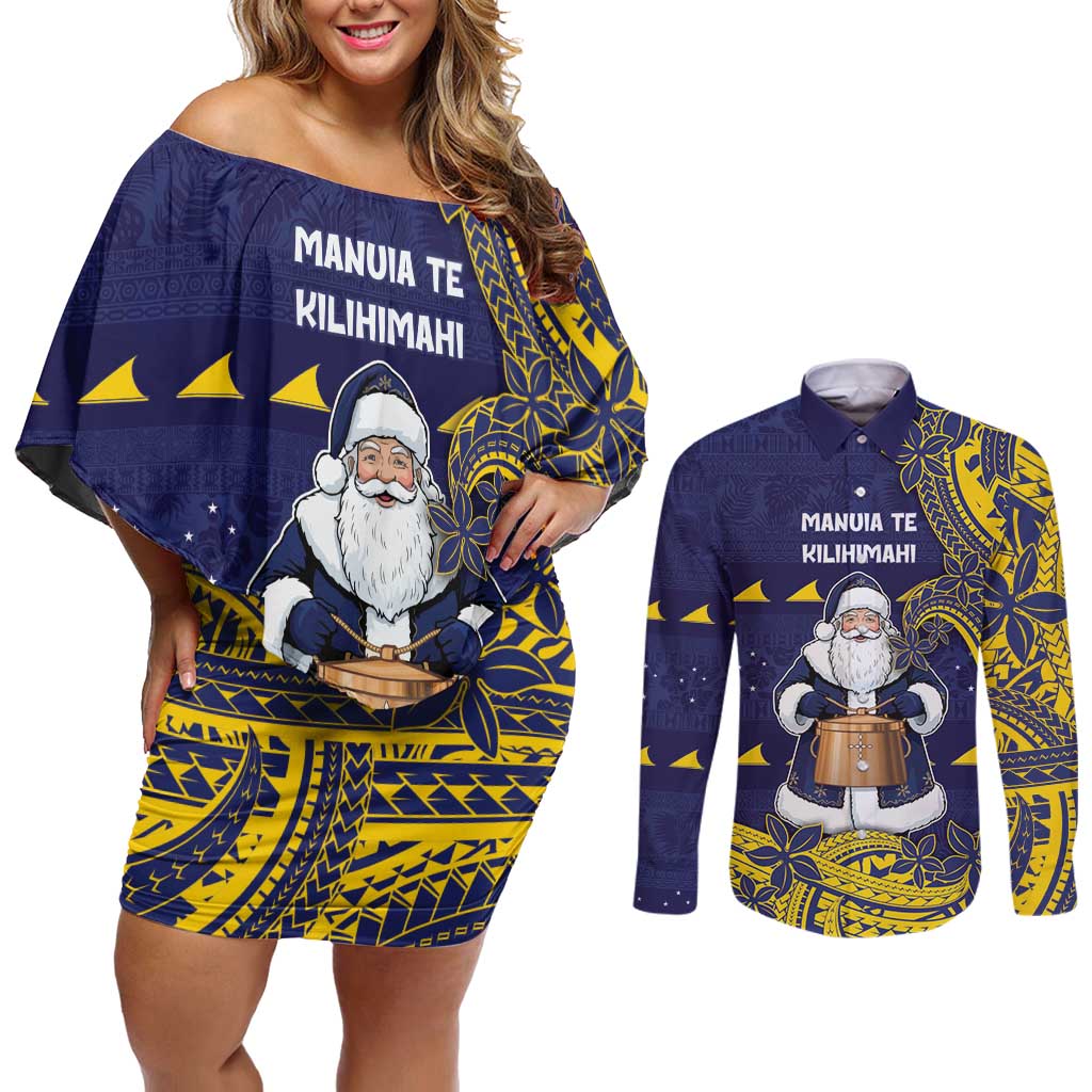 Tokelau Christmas Couples Matching Off Shoulder Short Dress and Long Sleeve Button Shirt Santa With Tuluma Xmas Tribal Waves DT05 Navy - Polynesian Pride