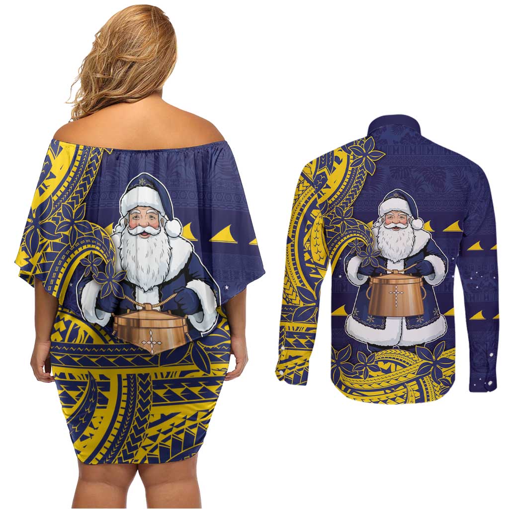 Tokelau Christmas Couples Matching Off Shoulder Short Dress and Long Sleeve Button Shirt Santa With Tuluma Xmas Tribal Waves DT05 - Polynesian Pride