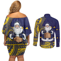 Tokelau Christmas Couples Matching Off Shoulder Short Dress and Long Sleeve Button Shirt Santa With Tuluma Xmas Tribal Waves DT05 - Polynesian Pride