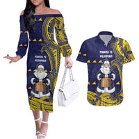Tokelau Christmas Couples Matching Off The Shoulder Long Sleeve Dress and Hawaiian Shirt Santa With Tuluma Xmas Tribal Waves DT05 Navy - Polynesian Pride