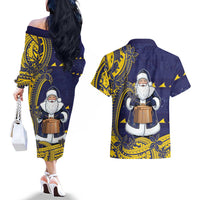 Tokelau Christmas Couples Matching Off The Shoulder Long Sleeve Dress and Hawaiian Shirt Santa With Tuluma Xmas Tribal Waves DT05 - Polynesian Pride