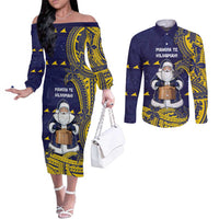 Tokelau Christmas Couples Matching Off The Shoulder Long Sleeve Dress and Long Sleeve Button Shirt Santa With Tuluma Xmas Tribal Waves DT05 Navy - Polynesian Pride