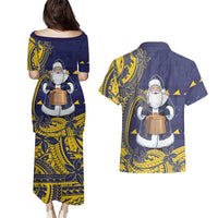 Tokelau Christmas Couples Matching Puletasi and Hawaiian Shirt Santa With Tuluma Xmas Tribal Waves DT05 - Polynesian Pride