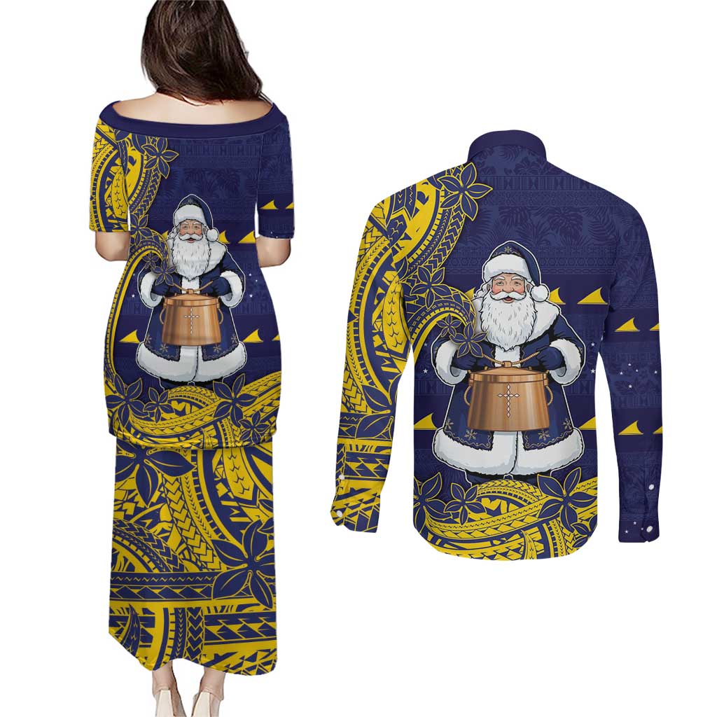 Tokelau Christmas Couples Matching Puletasi and Long Sleeve Button Shirt Santa With Tuluma Xmas Tribal Waves - Polynesian Pride