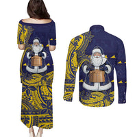 Tokelau Christmas Couples Matching Puletasi and Long Sleeve Button Shirt Santa With Tuluma Xmas Tribal Waves - Polynesian Pride