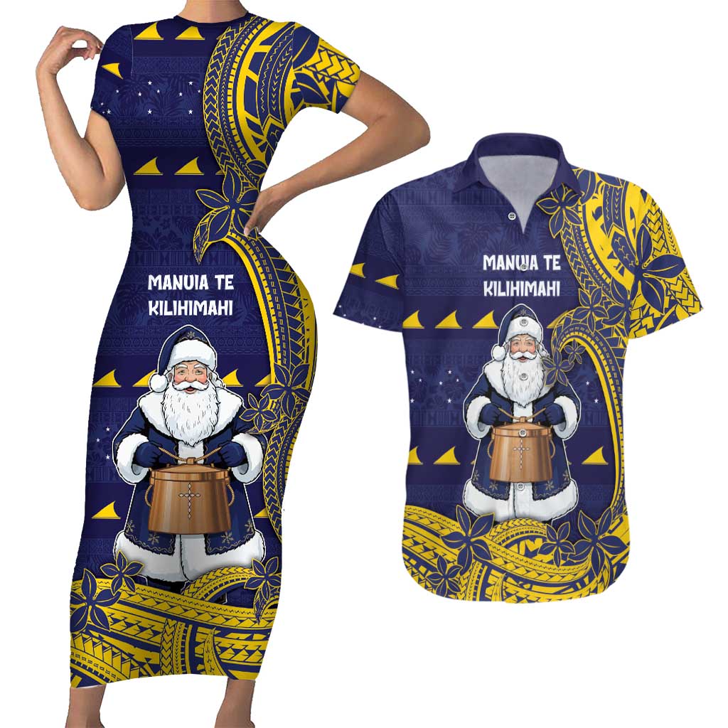 Tokelau Christmas Couples Matching Short Sleeve Bodycon Dress and Hawaiian Shirt Santa With Tuluma Xmas Tribal Waves DT05 Navy - Polynesian Pride