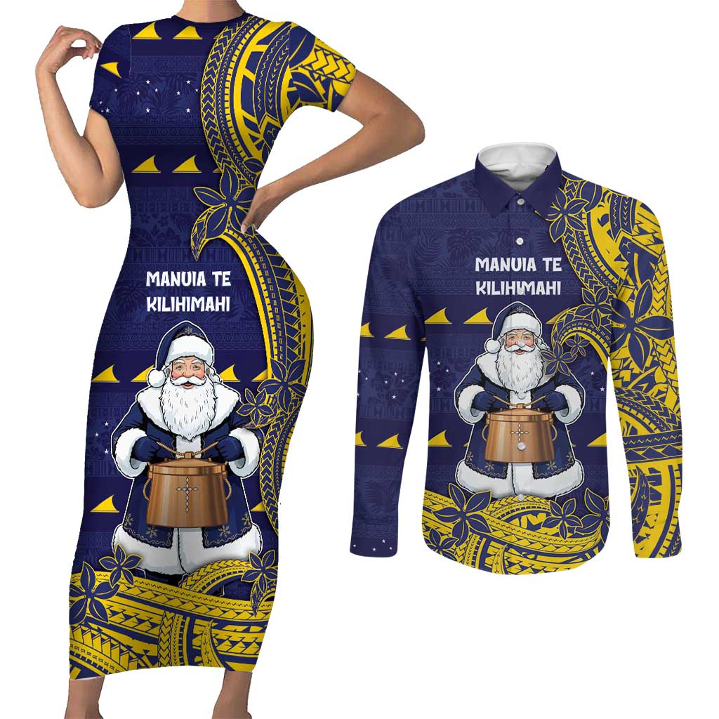 Tokelau Christmas Couples Matching Short Sleeve Bodycon Dress and Long Sleeve Button Shirt Santa With Tuluma Xmas Tribal Waves - Polynesian Pride
