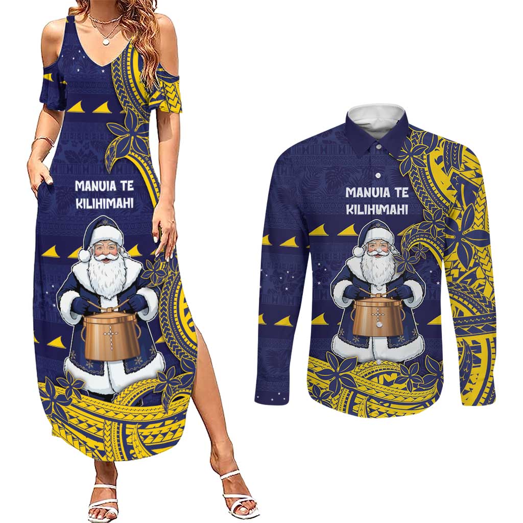 Tokelau Christmas Couples Matching Summer Maxi Dress and Long Sleeve Button Shirt Santa With Tuluma Xmas Tribal Waves - Polynesian Pride