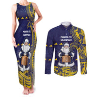 Tokelau Christmas Couples Matching Tank Maxi Dress and Long Sleeve Button Shirt Santa With Tuluma Xmas Tribal Waves DT05 Navy - Polynesian Pride