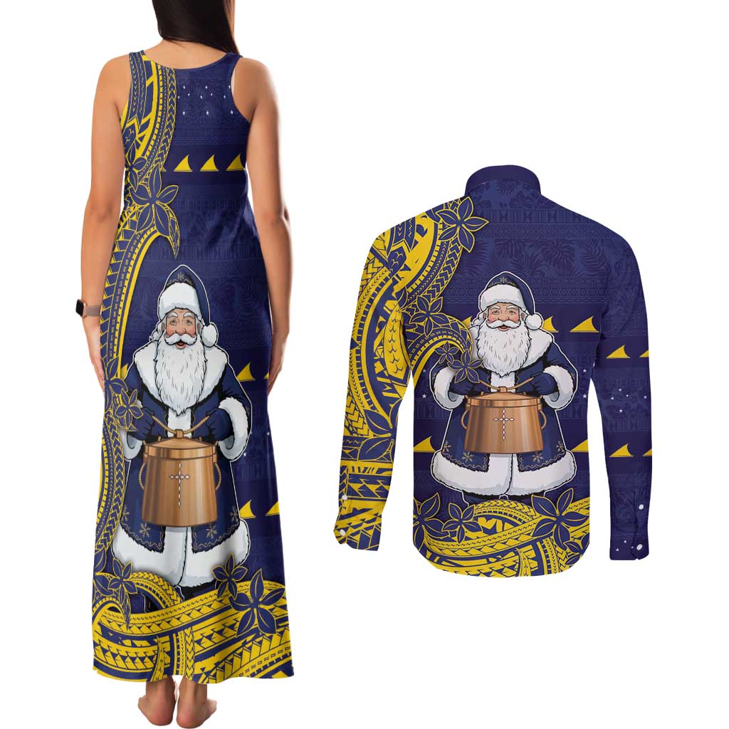 Tokelau Christmas Couples Matching Tank Maxi Dress and Long Sleeve Button Shirt Santa With Tuluma Xmas Tribal Waves DT05 - Polynesian Pride