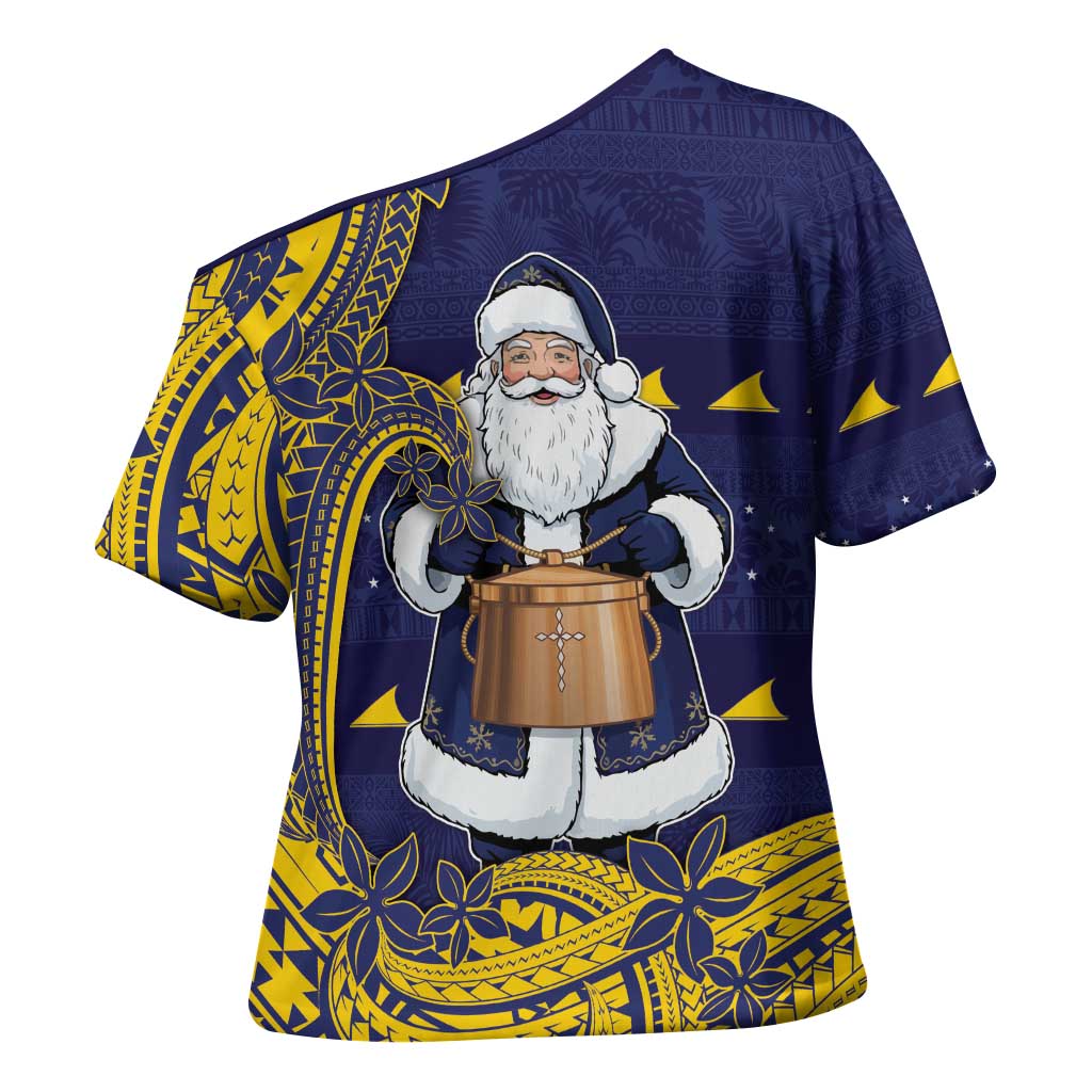 Tokelau Christmas Cross Shoulder Shirt Santa With Tuluma Xmas Tribal Waves - Polynesian Pride