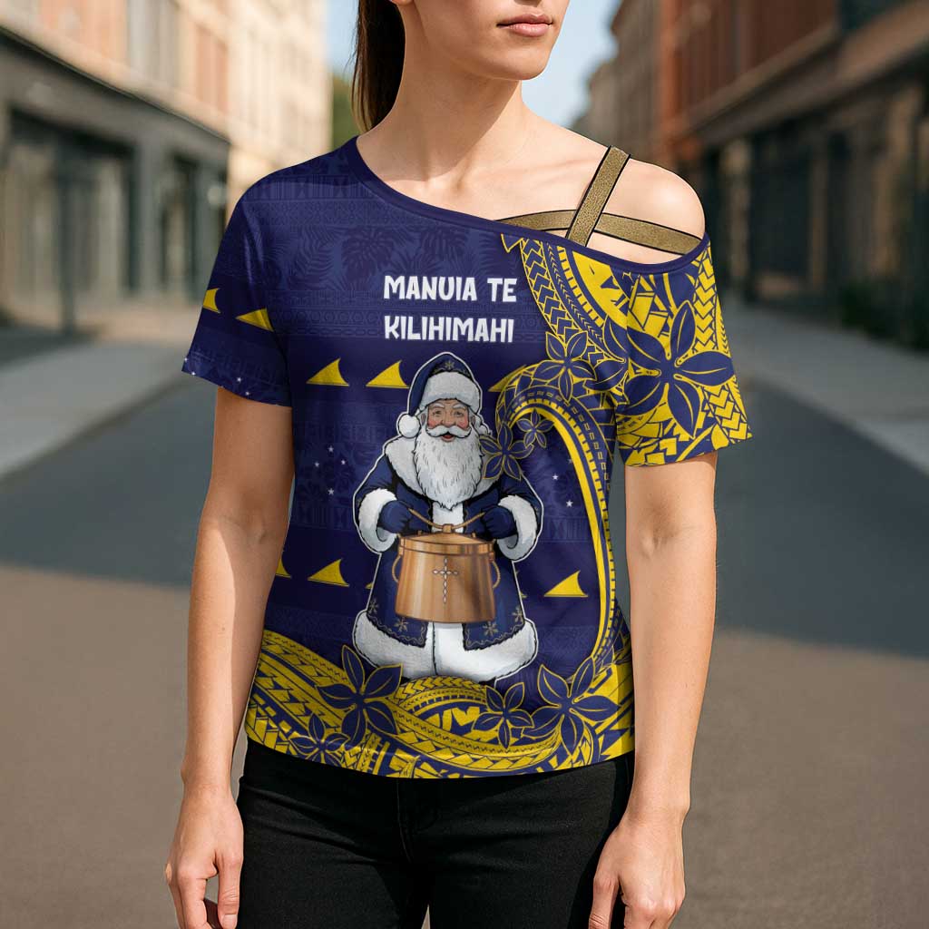 Tokelau Christmas Cross Shoulder Shirt Santa With Tuluma Xmas Tribal Waves - Polynesian Pride