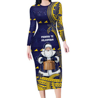 Tokelau Christmas Family Matching Long Sleeve Bodycon Dress and Hawaiian Shirt Santa With Tuluma Xmas Tribal Waves DT05 Mom's Dress Navy - Polynesian Pride