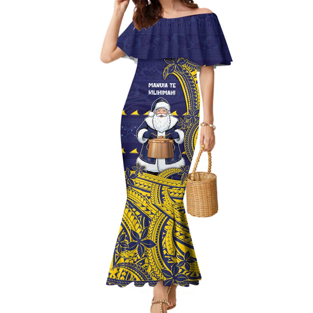 Tokelau Christmas Family Matching Mermaid Dress and Hawaiian Shirt Santa With Tuluma Xmas Tribal Waves DT05 Mom's Dress Navy - Polynesian Pride