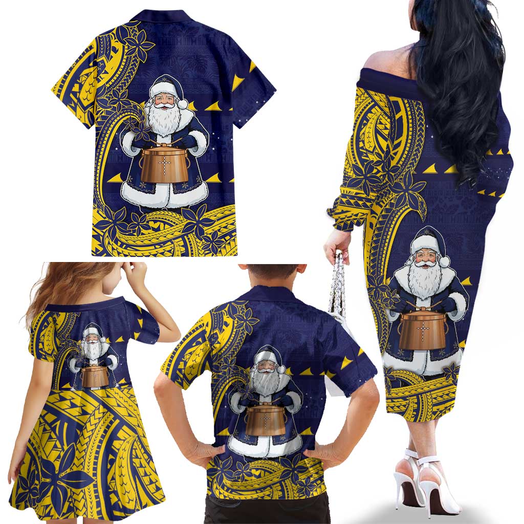 Tokelau Christmas Family Matching Off The Shoulder Long Sleeve Dress and Hawaiian Shirt Santa With Tuluma Xmas Tribal Waves DT05 - Polynesian Pride