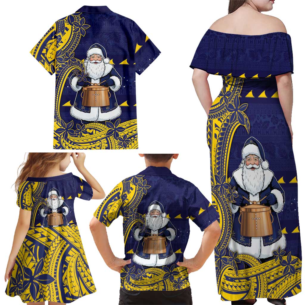 Tokelau Christmas Family Matching Off Shoulder Maxi Dress and Hawaiian Shirt Santa With Tuluma Xmas Tribal Waves DT05 - Polynesian Pride