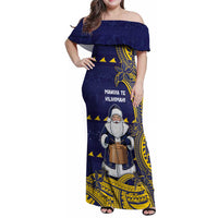 Tokelau Christmas Family Matching Off Shoulder Maxi Dress and Hawaiian Shirt Santa With Tuluma Xmas Tribal Waves DT05 Mom's Dress Navy - Polynesian Pride