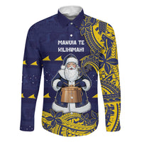 Tokelau Christmas Family Matching Off Shoulder Short Dress and Hawaiian Shirt Santa With Tuluma Xmas Tribal Waves DT05 Dad's Shirt - Long Sleeve Navy - Polynesian Pride