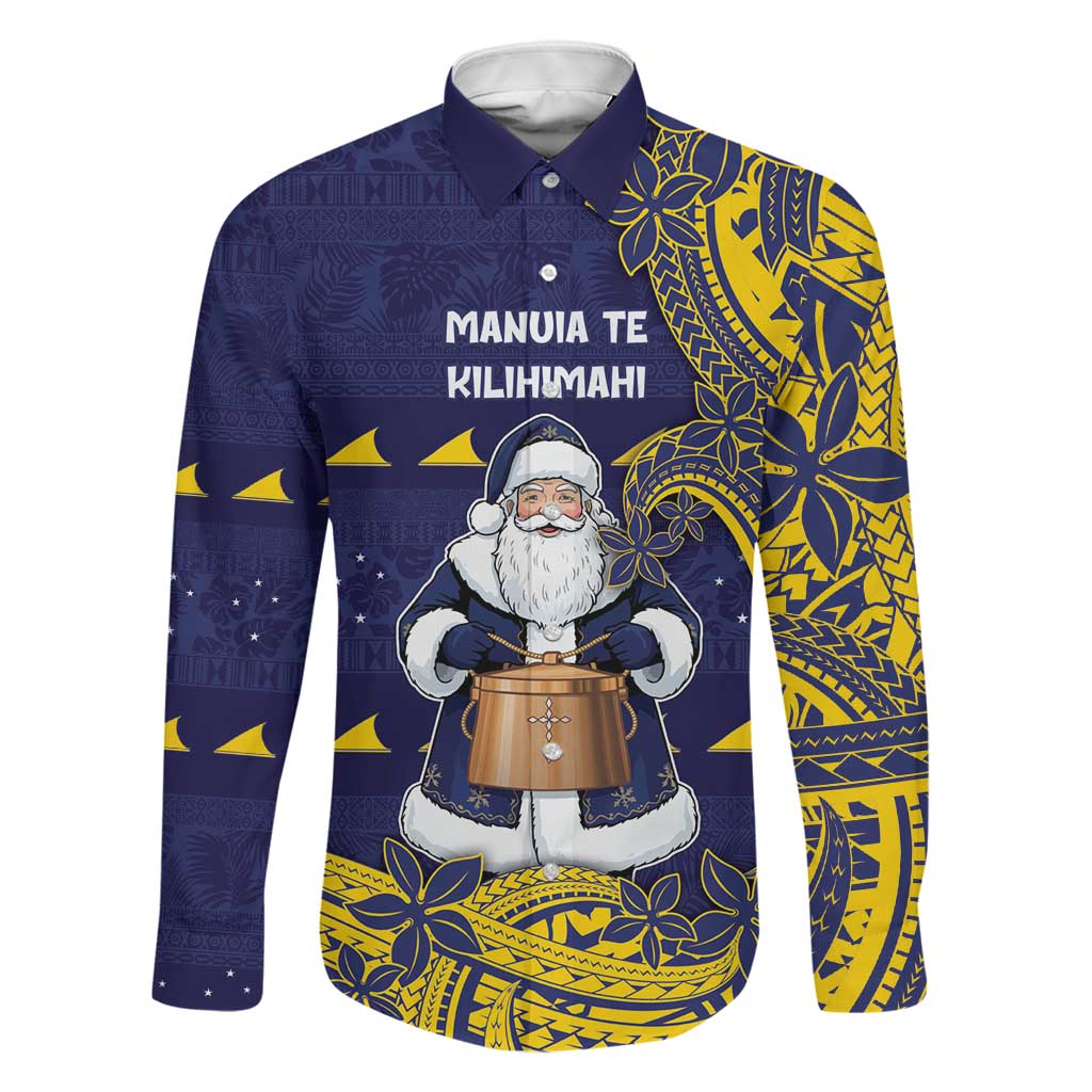 Tokelau Christmas Family Matching Puletasi and Hawaiian Shirt Santa With Tuluma Xmas Tribal Waves DT05 Dad's Shirt - Long Sleeve Navy - Polynesian Pride