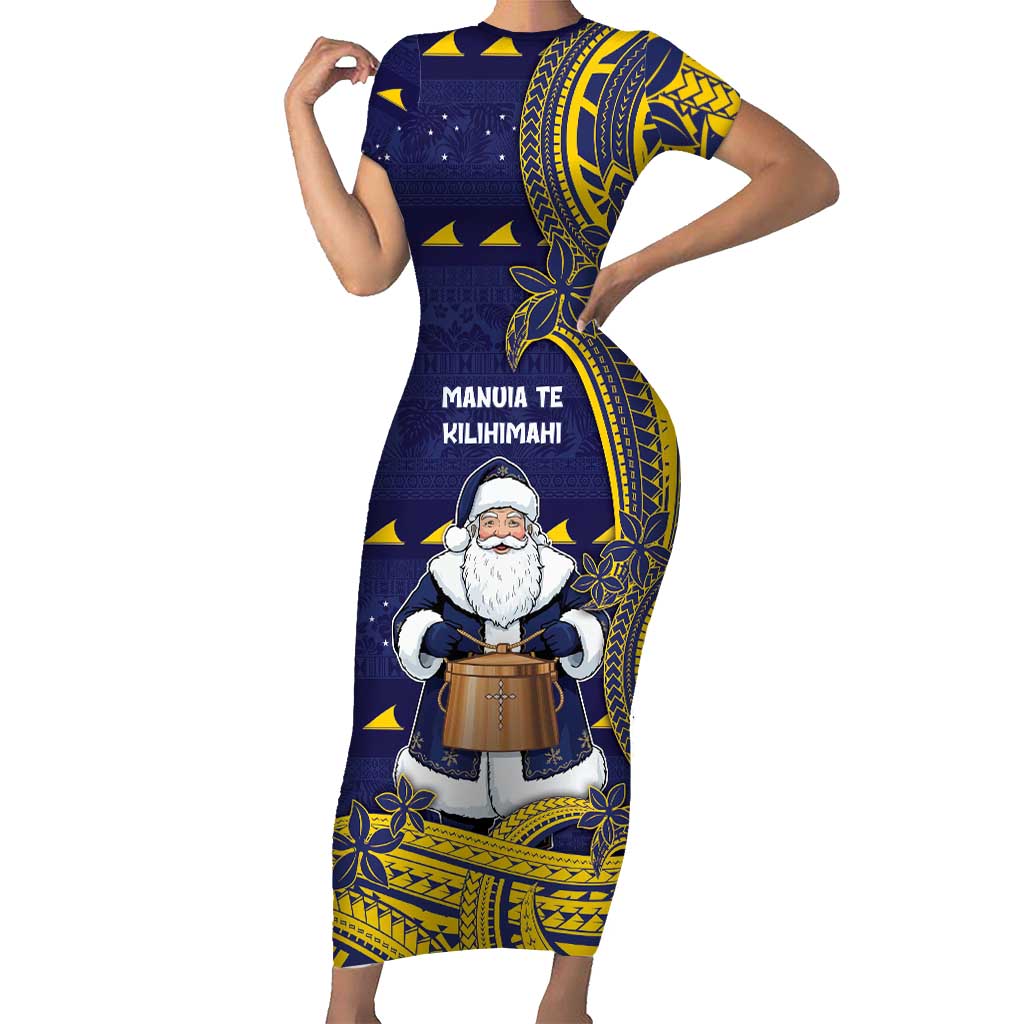 Tokelau Christmas Family Matching Short Sleeve Bodycon Dress and Hawaiian Shirt Santa With Tuluma Xmas Tribal Waves DT05 Mom's Dress Navy - Polynesian Pride