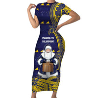 Tokelau Christmas Family Matching Short Sleeve Bodycon Dress and Hawaiian Shirt Santa With Tuluma Xmas Tribal Waves DT05 Mom's Dress Navy - Polynesian Pride