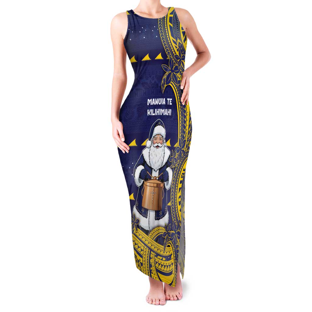 Tokelau Christmas Family Matching Tank Maxi Dress and Hawaiian Shirt Santa With Tuluma Xmas Tribal Waves DT05 Mom's Dress Navy - Polynesian Pride