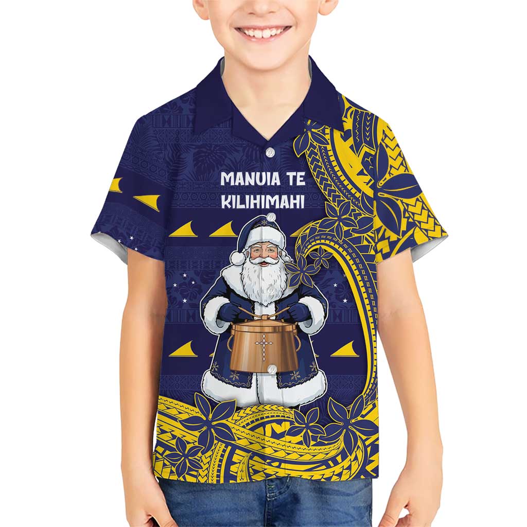 Tokelau Christmas Family Matching Tank Maxi Dress and Hawaiian Shirt Santa With Tuluma Xmas Tribal Waves DT05 Son's Shirt Navy - Polynesian Pride