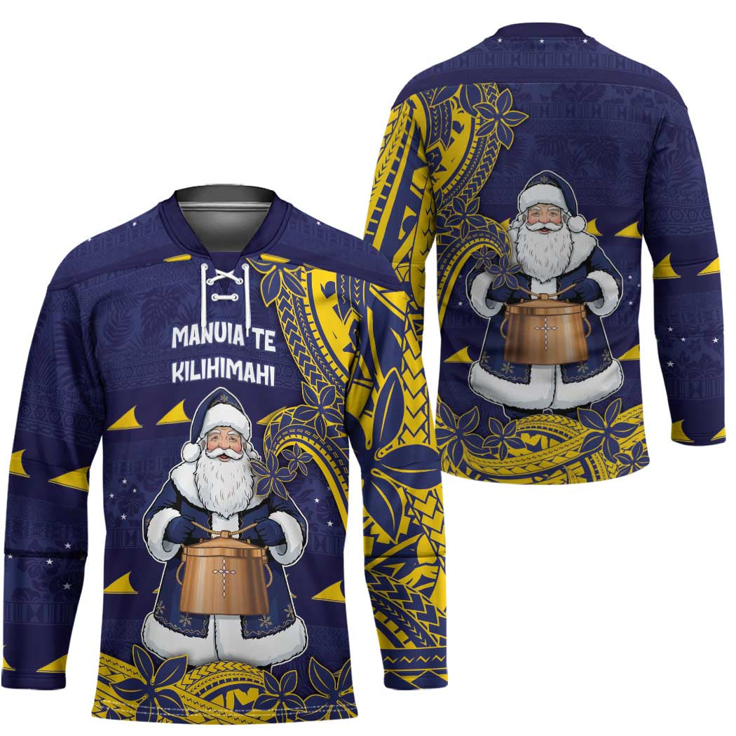 Tokelau Christmas Hockey Jersey Santa With Tuluma Xmas Tribal Waves - Polynesian Pride