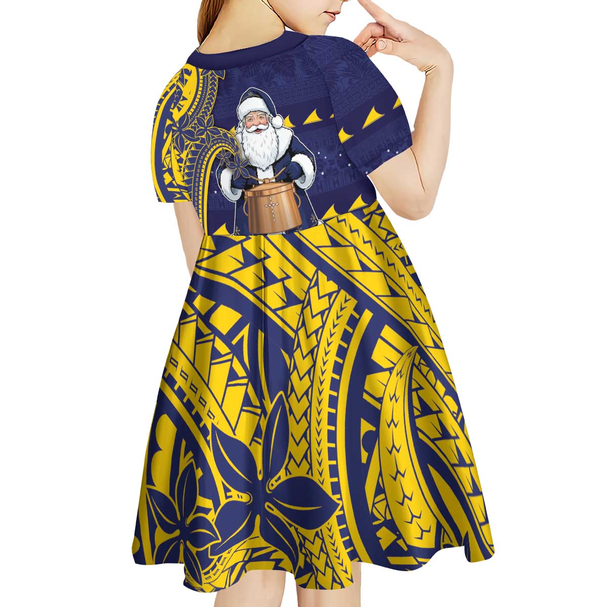 Tokelau Christmas Kid Short Sleeve Dress Santa With Tuluma Xmas Tribal Waves - Polynesian Pride