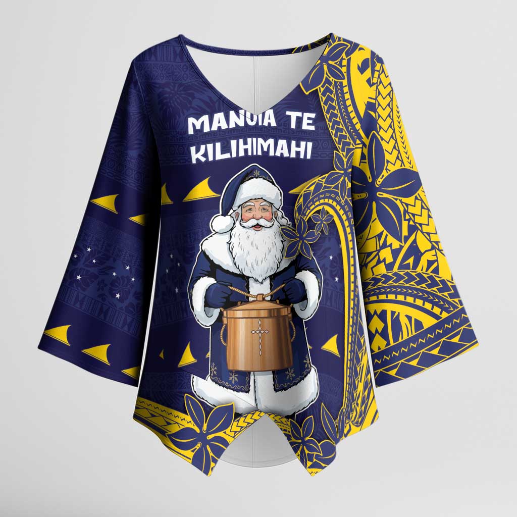 Tokelau Christmas Kimono Sleeve Blouse Santa With Tuluma Xmas Tribal Waves DT05 Female Navy - Polynesian Pride