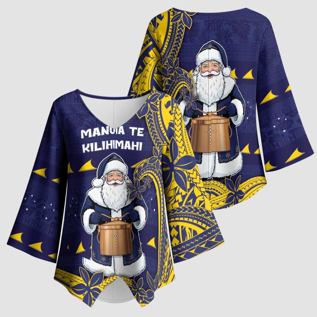 Tokelau Christmas Kimono Sleeve Blouse Santa With Tuluma Xmas Tribal Waves DT05 - Polynesian Pride