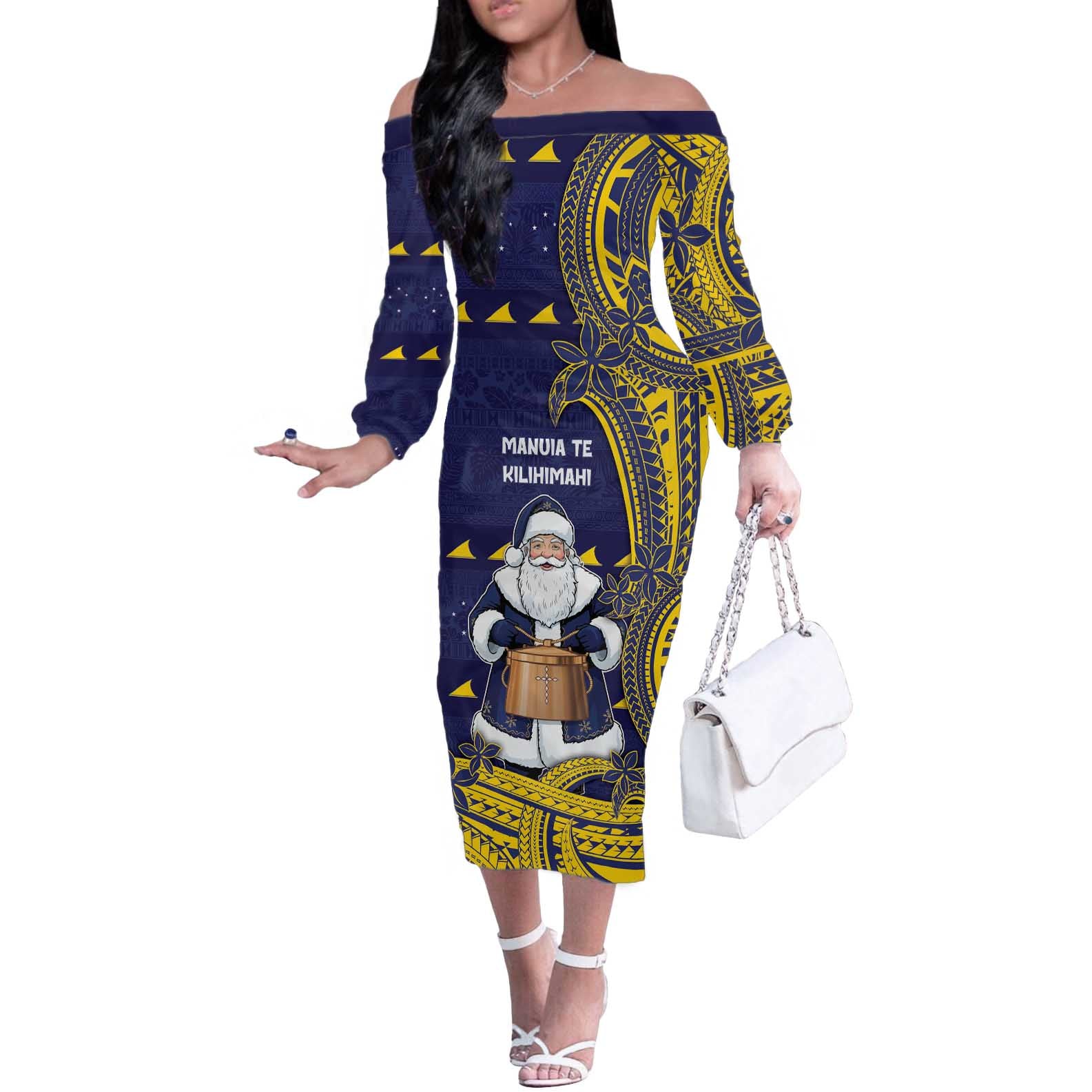 Tokelau Christmas Off The Shoulder Long Sleeve Dress Santa With Tuluma Xmas Tribal Waves - Polynesian Pride