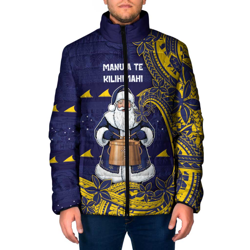 Tokelau Christmas Padded Jacket Santa With Tuluma Xmas Tribal Waves DT05 Men Navy - Polynesian Pride