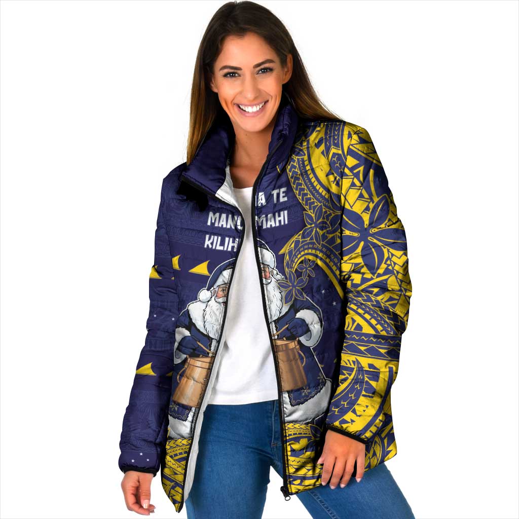 Tokelau Christmas Padded Jacket Santa With Tuluma Xmas Tribal Waves DT05 Women Navy - Polynesian Pride