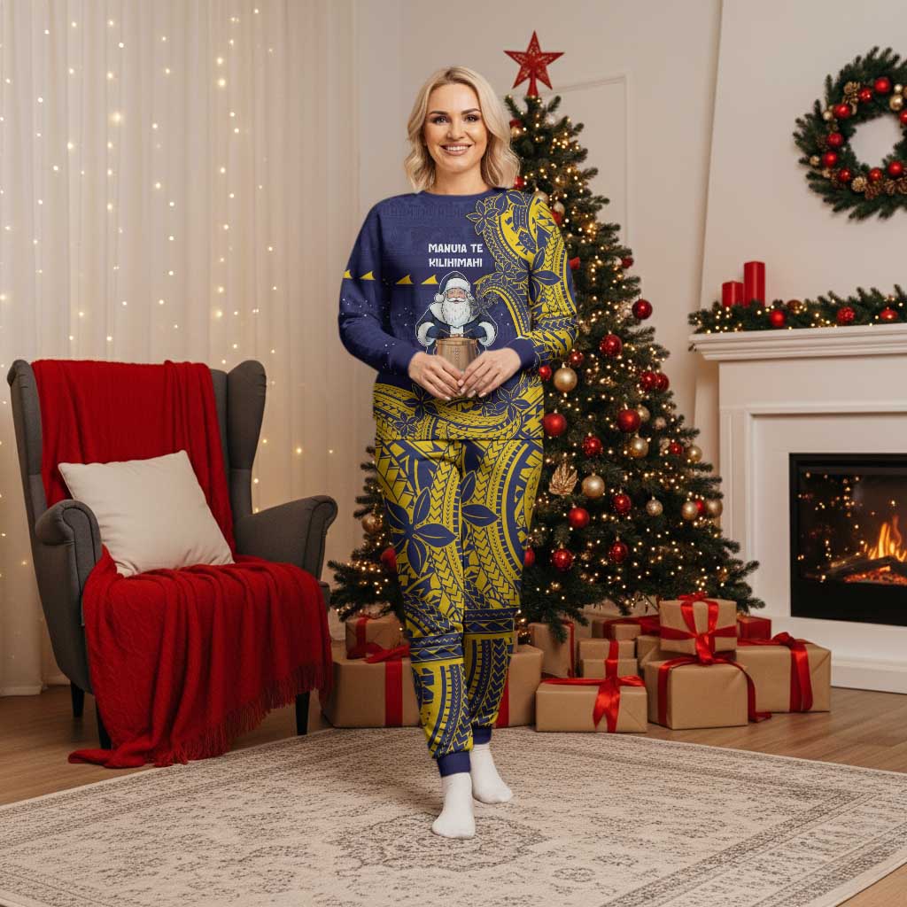 Tokelau Christmas Pajama Set Santa With Tuluma Xmas Tribal Waves - Polynesian Pride
