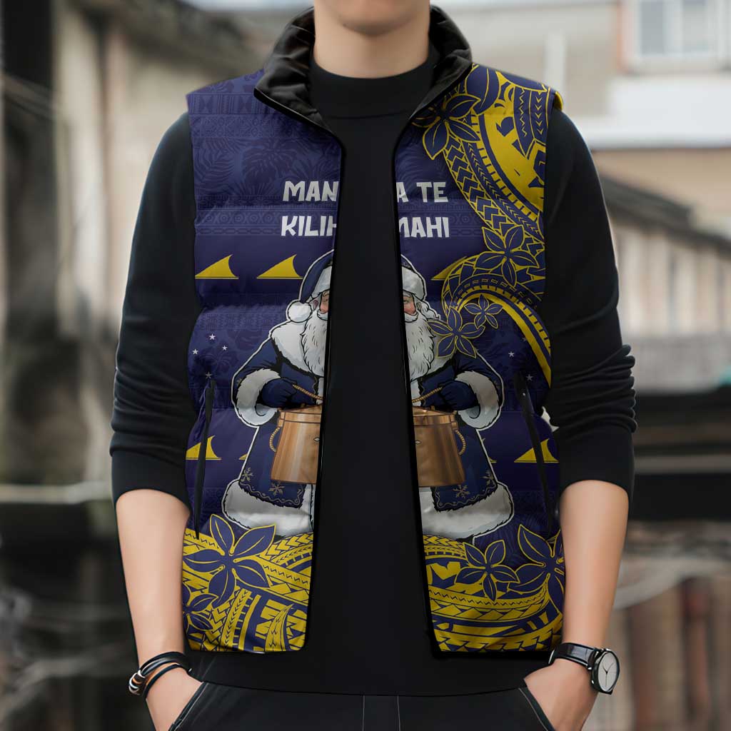 Tokelau Christmas Sleeveless Puffer Jacket Santa With Tuluma Xmas Tribal Waves - Polynesian Pride