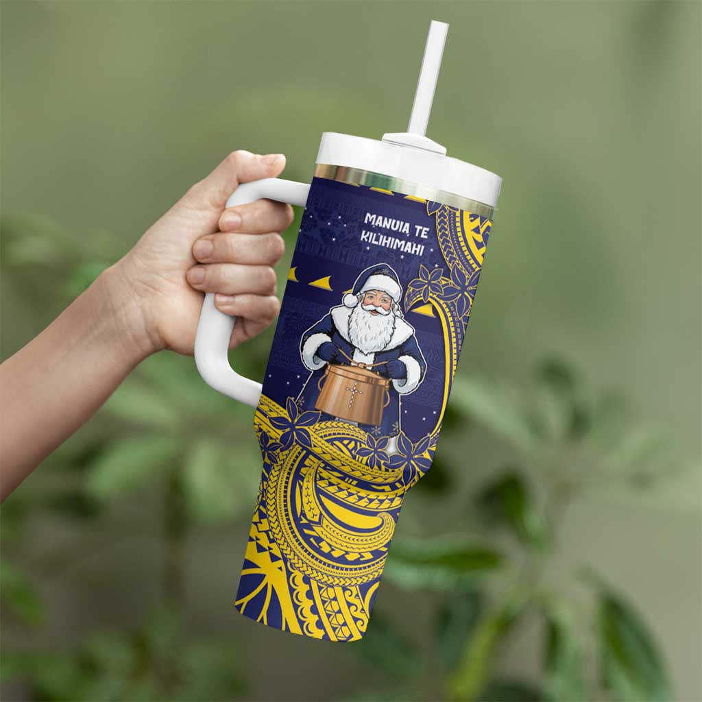 Tokelau Christmas Tumbler With Handle Santa With Tuluma Xmas Tribal Waves - Polynesian Pride