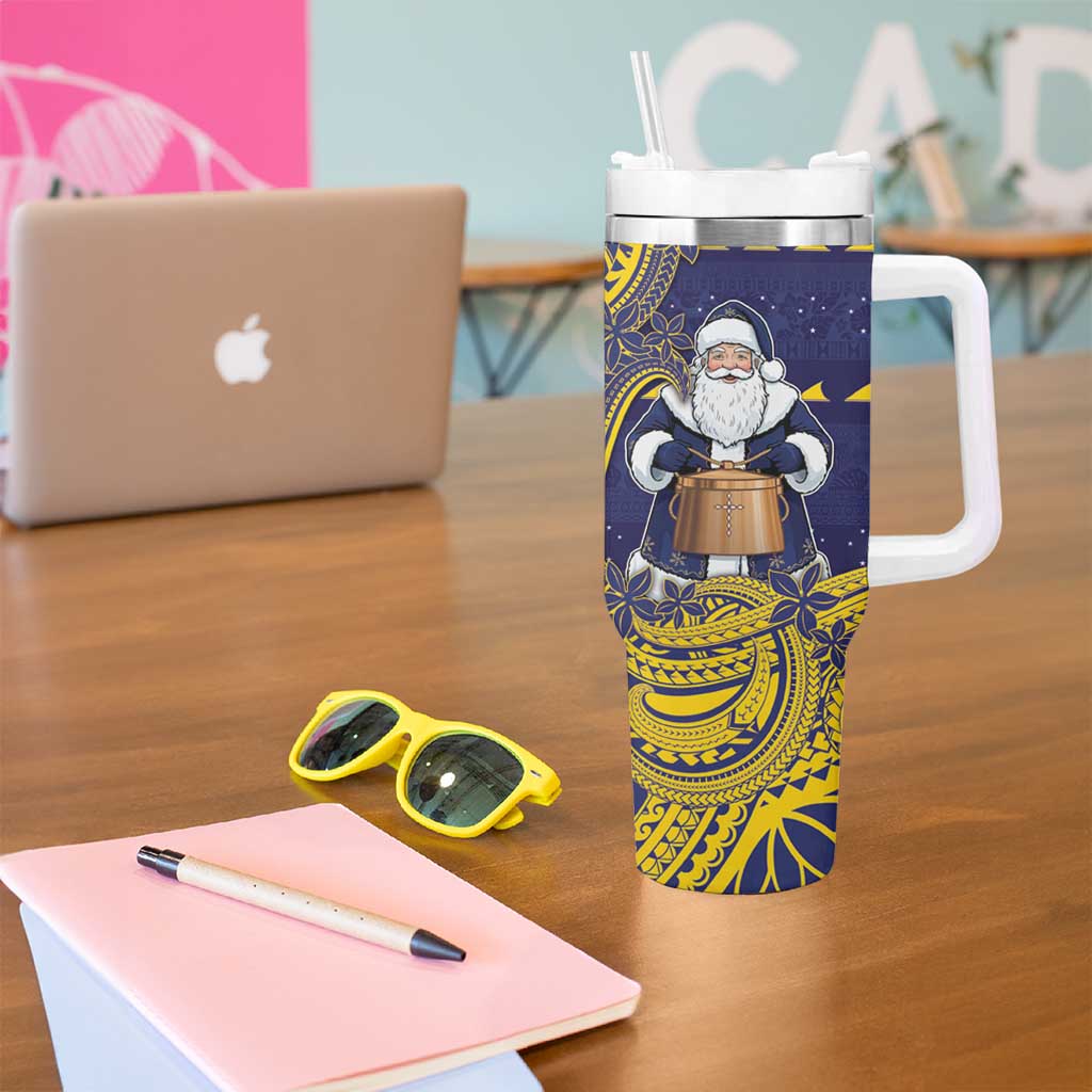Tokelau Christmas Tumbler With Handle Santa With Tuluma Xmas Tribal Waves - Polynesian Pride