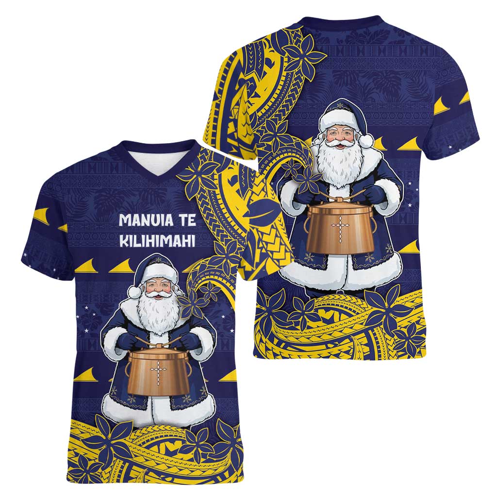 Tokelau Christmas Women V-Neck T-Shirt Santa With Tuluma Xmas Tribal Waves DT05 - Polynesian Pride