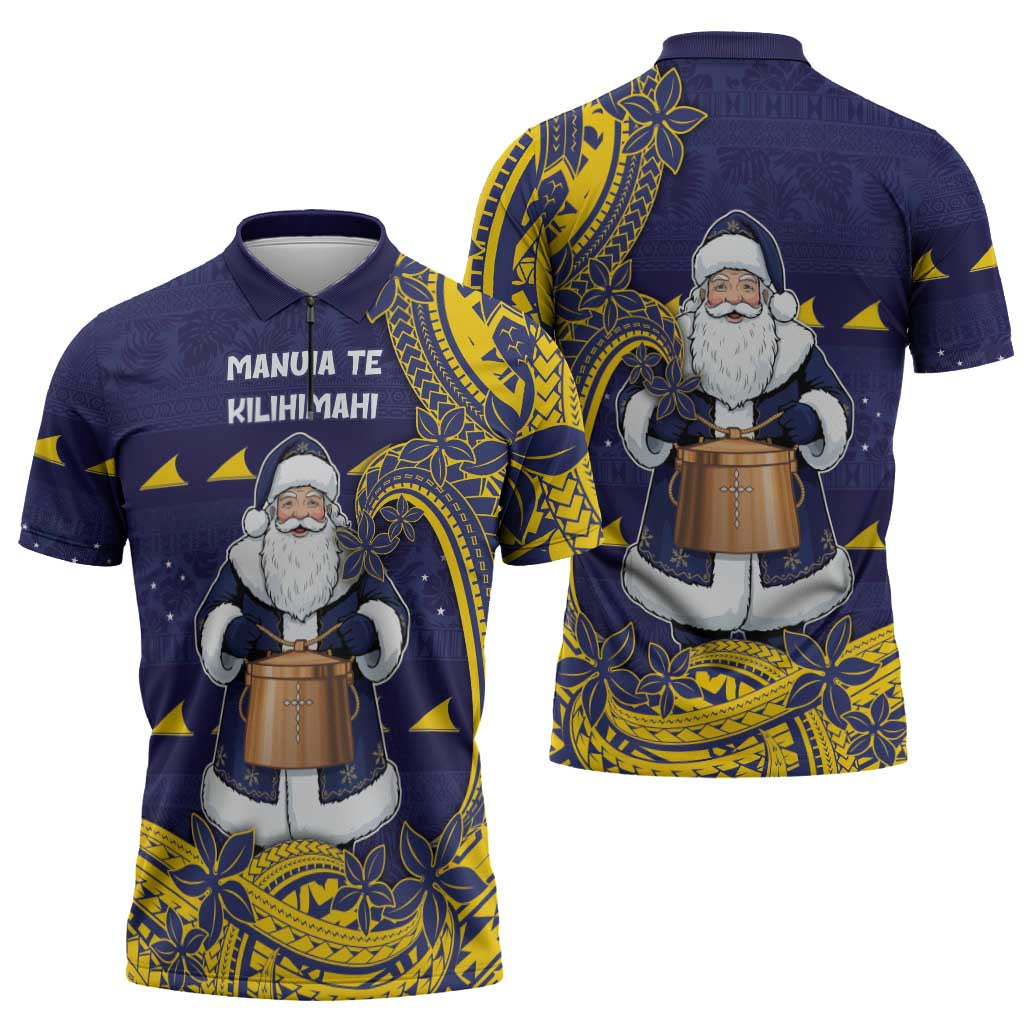 Tokelau Christmas Zipper Polo Shirt Santa With Tuluma Xmas Tribal Waves - Polynesian Pride