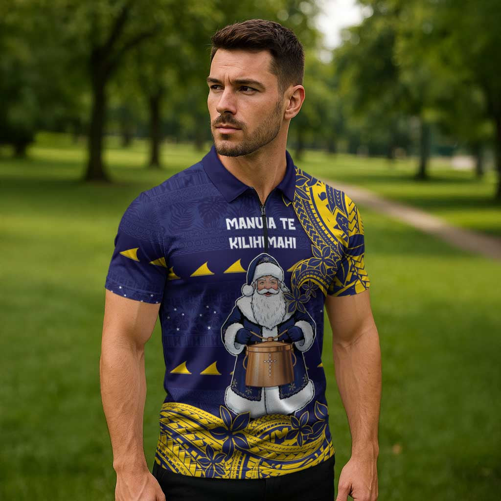 Tokelau Christmas Zipper Polo Shirt Santa With Tuluma Xmas Tribal Waves - Polynesian Pride