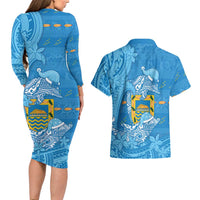 Tuvalu Christmas Couples Matching Long Sleeve Bodycon Dress and Hawaiian Shirt Dolphins Santa Xmas Tribal Waves DT05 - Polynesian Pride