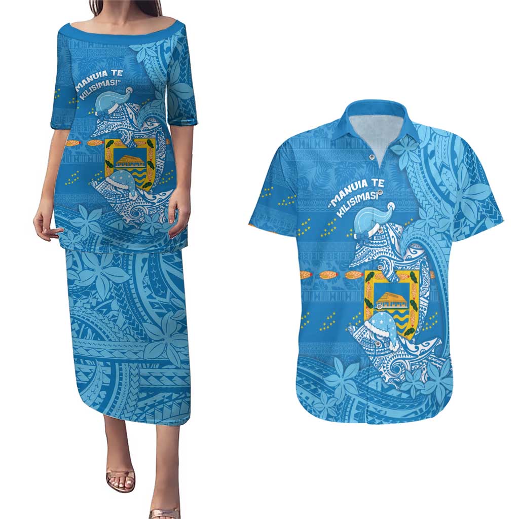Tuvalu Christmas Couples Matching Puletasi and Hawaiian Shirt Dolphins Santa Xmas Tribal Waves DT05 Blue - Polynesian Pride